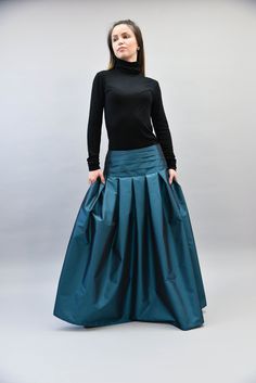 "Pleated, fancy and extra long, with a full A-line silhouette and made of high quality taffeta, this skirt is the perfect garment for any formal occasion or fancy event. Classy and elegant, be sure you will look chick and trendy anywhere you go. MATERIALS: high quality taffeta --------------------------------------- If you have any questions about the item or have any personal requirements about the garment, please do not hesitate to send us a message, our team is available 24/7, or check out ou Black Skirt Formal, Long Maxi Skirt, Handmade Skirts, Formal Skirt, Skirt Pleated, High Waist Skirt, Long Maxi Skirts, Skirt Long, Skirt Skirt