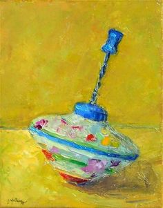 a painting of a colorful bowl with a blue top and handle sitting on a yellow surface