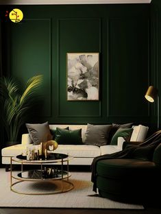 a living room with dark green walls and white couches, coffee table and chair