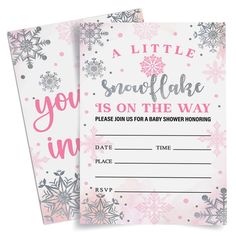 two pink snowflake baby shower cards with the words, you in on the way