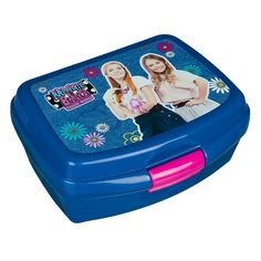 a blue lunch box with two girls on it