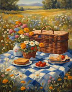 an oil painting of flowers and fruit on a picnic table with a wicker basket