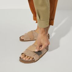 Kyoto Nubuck/Suede Leather Suede Slide Footbed Sandals With Leather Footbed, Brown Suede Double Strap Footbed Sandals, Suede Slide Sandals With Cork-bed Midsoles, Comfortable Suede Footbed Sandals For Spring, Comfortable Suede Sandals With Buckle Closure, Beige Suede Sandals With Removable Insole, Suede Slip-on Footbed Sandals With Removable Insole, Comfortable Suede Sandals With Leather Footbed, Suede Footbed Sandals With Single Toe Strap