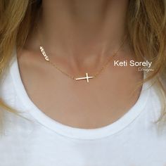 "Customize this beautiful name necklace with name of your choice and it will be handcrafted just for you. Add sideways cross for more meaningful gift.  Choose between Sterling silver, Solid Gold or 14K Gold Filled. Perfect and affordable gift for birthdays, graduation, valentines' day, Christmas and etc.  Also it will be perfect addition to you spring, summer/beach collection. Metal: * Sterling Silver * Yellow Gold over Sterling Silver * Rose Gold over Sterling Silver *14K Yellow Gold-Filled  *1 Cross-shaped Name Jewelry For Anniversary, Gold Personalized Minimalist Cross Necklace, Anniversary Jewelry With Name And Cross Shape, Gold Minimalist Personalized Cross Necklace, Name-engraved Cross Jewelry For Anniversary, Minimalist Personalized Gold Cross Necklace, Cross Pendant Jewelry With Name For Gift, Name-engraved Cross Pendant Jewelry Gift, Name Engraved Cross Pendant Jewelry Gift