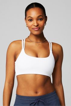 Principal Low Impact Bra Fabletics white female Activewear >> Womens >> Sports Bras >> Sports Bra >> Low Impact regular Yoga and Studio Removable Bra Cups Low-impact bra with strappy back. White Micro-elastic Sports Bra For Gym, White Supportive Activewear For Light Sports, White Micro-elastic Summer Activewear, Comfortable Fitted White Activewear, White Yoga Sports Bra, Supportive White Go-dry Activewear, White Sports Bra For Light Exercise In Summer, White Sports Bra For Light Summer Sports, White Sports Bra For Summer Training