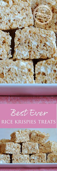 the best ever rice krispies treats in a pink tray with white frosting on top