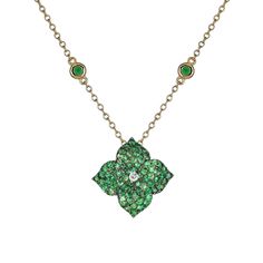 18kt Yellow & Black Gold Green Tsavorite Motif Necklace: 1.60cts of round green tsavorite .09cts of round diamond Diamond by the yard chain Motif: 12mm X 12mm Length: 17" Diamond By The Yard, Yellow Diamond Necklace, White Diamond Earrings, Diamond Jewelry Necklace, Bridal Engagement Rings, Flower Pendant Necklace, Bridal Bands, Color Stone, Yellow And Black