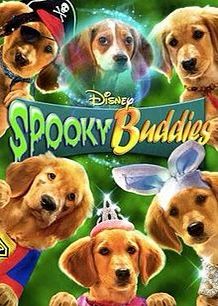 the poster for spooky buddies featuring three puppies in front of a green background