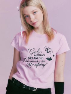 This is a casual and trendy top by MOONFAIRY that is made out of high quality and sturdy material. With distinctive mood of the design and comfortable wear, you can style it for your casual daily outfit.- Unique graphic artwork detail- Soft and sturdy cotton 100% fabric- Young and feminine mood Casual Pink Slogan T-shirt, Cute Pink T-shirt With Graphic Print, Pink Slogan T-shirt With Short Sleeves, Pink Relaxed Fit T-shirt With Letter Print, Pink Y2k T-shirt With Letter Print, Cute Pink T-shirt With Text Print, Trendy Pink T-shirt With Text Print, Pink Funny Print Crew Neck T-shirt, Pink Graphic Print T-shirt For Spring