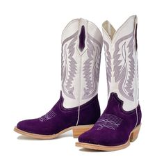 Crafted from rough purple leather vamp and white shaft, these boots provide a fashionable look. The riding heel and square toe provide stability and comfort with every step.  Leather outsole Handtooled cow hide vamp Leather lining Cow Leather Shaft Stitched sole Polo Wraps, Rider Boots, Mens Cowboy, Lady Riders, Purple Leather, Western Cowboy Boots, Western Outfits, Western Boots, Cow Leather