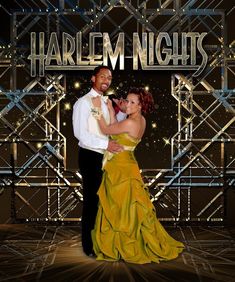 a man and woman dressed in formal wear standing next to each other with the words harlem nights above them