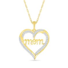 Make Mom's day extra special with this sparkling diamond heart pendant in gold-plated silver. Crafted in sterling silver with 14K gold plate Diamond-lined and polished ribbons create the heart-shaped outline. The word "mom" shines in a cursive font across the center. This 1/5 ct. t.w. diamond pendant suspends along an 18.0-inch rope chain that secures with a spring-ring clasp. Ribbon Heart, Mom Pendant, Diamond Ribbon, Heart Outline, Cursive Font, Peoples Jewellers, Sparkling Diamond, Mom Day, Heart Pendant Diamond