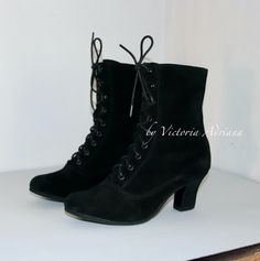 Request a Custom Order and have something made just for you!  I manufacture this style booties in any sizes for Lady sizes  / Men sizes / Fluid gender sizes Order your customised boots also for wider feet , strong calf and narrow feet also. This is an individual boot execution. All materials very qualitative. Black Italian suede leather and suede leather inside. Are issued by limited series. Model inspired from 1900 Victorian boot style. You can get remarkable and not expensive handmade boots. Historical Formal Boots With Leather Sole, Victorian Boots With Leather Sole For Formal Wear, Victorian Formal Boots With Leather Sole, Formal Victorian Boots With Leather Sole, Victorian Boots With Leather Sole, Victorian Boots For Formal Fall Occasions, Vintage Heeled Boots With Pointed Toe And Leather Sole, Historical Round Toe Formal Boots, Historical Round Toe Boots For Formal Occasions