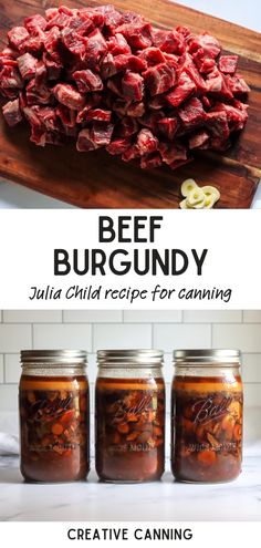 the recipe for beef burquindy is shown in three different images