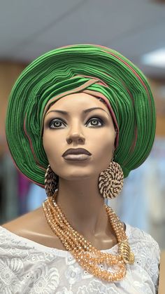 Dupsie's Abike Aso Oke Pink and Green Ready Gele Autogele Pre-tied Head wrap Hat DPAGPGS33 African Dashiki Shirt, African Tops For Women, African Pants, Nigerian Culture, African Hats, Yoruba People, African Tops, Head Wraps For Women, African Dashiki