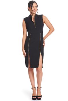 Explore the adaptability & versatility of our Just Zip It Dress. Boasting exposed functional gold zippers, this multipurpose LBD allows you to dictate the direction of your style. Crafted from stretch poly crepe, this midi dress showcases 1/4" thick shoulder pads and numerous functional zippers, including along the center back, front bodice, and skirt front princess seams. With the option to zip it closed for a more modest appearance, unzip it for a more alluring look, or find a middle ground. Y Chic Midi Dress With Zipper Closure For Party, Chic Party Midi Dress With Zipper Closure, Chic Knee-length Midi Dress With Side Zipper, Knee-length Midi Dress With Side Zipper For Night Out, Office Midi Dress With Back Zipper, Knee-length Midi Dress With Zipper, Mandarin Dress, Mermaid Midi Dress, Bianca Dress