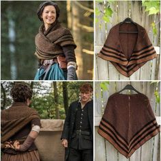 four different pictures of the same woman's shawl, one in brown and one in blue