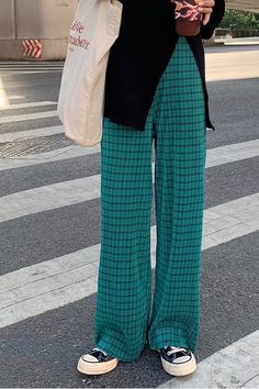 High Waist Green Hip Hop Plaid Pants – Tomscloth Trendy Green Full-length Pants, Trendy Green Full Length Pants, Trendy Full Length Green Pants, Green Baggy Full-length Pants, Retro Green Pants For Fall, Retro Green Full-length Bottoms, Retro Full-length Green Bottoms, Plaid Bell Bottoms, Plaid Pants