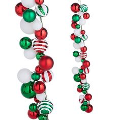 two christmas ornaments hanging from strings on a white background with red, green and white baubles