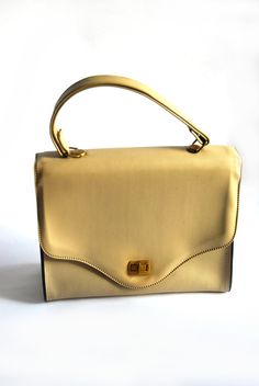 Hard Case Beige & Gold Vintage Purse, Ivory White Retro Vegan Handbag W/ Short Handle Classic Gold Satchel For Evening, Classic Gold Evening Satchel, Retro Handheld Beige Shoulder Bag, Beige Rectangular Bag For Formal Occasions, Formal Beige Rectangular Bag, Formal Beige Bags With Gold-tone Hardware, Evening Cream Satchel With Detachable Handle, Beige Formal Satchel Shoulder Bag, Classic Gold Handheld Satchel