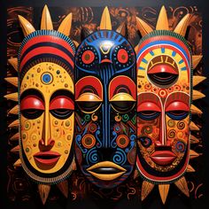 three masks with different colors and designs on them, one is painted in bright colors