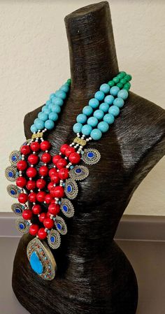 Since this is an older piece, I am open to considering reasonable best offers. Please email me. _____________________________________________________________________________________________ This stunning, jaw drop creation is from my private vault, and unworn. It is a big, bold, chunky and heavy beaded chest piece comprised of red, blue and green magnesite round beads with shiny silver tone metal balls. 12 lapis lazuli fancy filigree charms are suspended from the outer most strand and a blue and Luxury Statement Beads, Gems, And Cabochons, Handmade Beaded Necklaces For Rituals And Festivals, Traditional Beaded Necklaces For Rituals, Traditional Long Beaded Necklaces For Rituals, Traditional Long Necklace Beads For Festival, Handmade Necklaces For Festivals, Traditional Large Beads Necklaces For Rituals, Traditional Multicolor Wooden Beaded Necklaces, Traditional Large Beaded Necklaces For Rituals