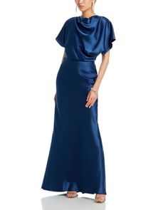 Amsale Fluid Satin Relaxed Drape Gown Dark Blue Mother Of The Bride Dress, Dark Blue Gown, Blue Gowns, Drape Gown, Silk Georgette Dress, Bride Sister, Gala Events, Black Tie Affair, Silk Dress Long