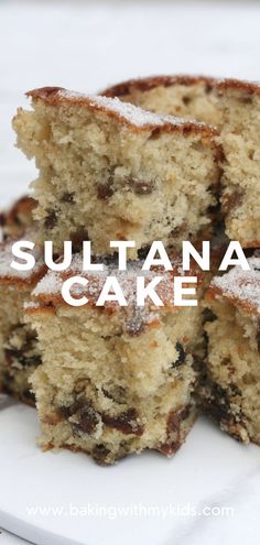 several pieces of cake on a plate with the words sultana cake over it