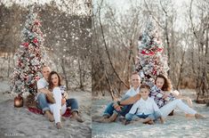 a family sitting in front of a christmas tree