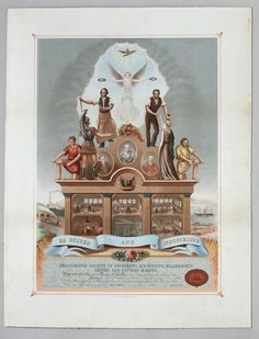 an old poster with people standing on top of a building that is surrounded by other figures