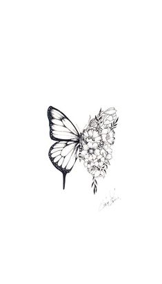 a black and white drawing of a butterfly with flowers