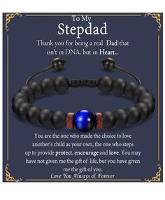 PRICES MAY VARY. Gifts for Stepdad Bracelet - Thanks for being a real Dad that isn't in DNA, but in heart. You are the one who made the choice to love another's child as your own, the one who steps up to provide protect, encourage and love. Love you and thank you forever. Material & Size - Our stepdad bracelet for men is made up of 8mm black agate stone with a 9mm blue tiger eye in the middle. It's sturdy and easy to pick up or take off by elastic rope, premium and chic, best stepdad gifts ideas Personalized Friendship Bracelets For Father's Day, Adjustable Beaded Bracelets With 8mm Beads For Birthday Gift, Adjustable Beaded Bracelets As Birthday Gift, Birthday Gift Round Bead Bracelets, Inspirational Friendship Bracelets With Round Beads As Gift, Birthday Bracelets With Round Beads, Inspirational Round Beads Friendship Bracelets As Gift, Round Beaded Bracelet For Birthday Gift, Round Beads Bracelets For Birthday Gift