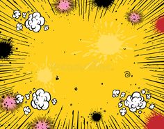 yellow and black explosion background with lots of small white clouds in the center, on a red