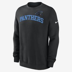 The Club Crew brings a traditional look to your Carolina Panthers wardrobe. It features a soft fleece lining to help keep you warm and team details for a game-day aesthetic. Winter Sweater With Ribbed Cuffs For Sports, Winter Sweater With Ribbed Cuffs, Nike Sports Fan Apparel Sweatshirt, Nike Sweatshirt For Sports Season Fan Apparel, Black Team Spirit Sweatshirt For Fall, Black Sweatshirt For Game Day Sports Season, Black Sweatshirt For Game Day, Black Long Sleeve Sweatshirt For Game Day, Black Tops With Ribbed Cuffs For Game Day