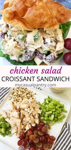 chicken salad on a croissant sandwich with grapes, celery and bread