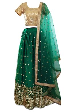 Gorgeous gold and green lehenga, 3-piece set. The blouse is covered in beautiful gold sequined embroidery. Festive Pista Green Anarkali Set With Sequins, Pista Green Anarkali Set With Sequins, Pista Green Sequined Anarkali Set For Party, Bollywood Style Pista Green Sequined Sets, Green Festive Sets For Reception, Green Festive Sets For Receptions, Festive Green Sets For Reception, Green Sharara For Reception And Navratri, Festive Pista Green Sequined Choli