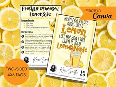 two side by side lemonade recipe cards with oranges and lemon slices in the background