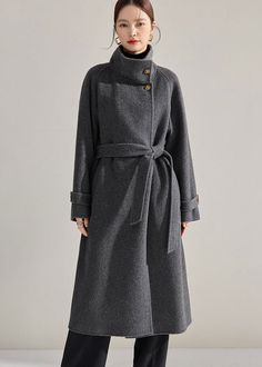 Vivian Seven Women's Winter Stand Collar Belted Wrap Wool Long Coat Gray Long Belted Wool Coat For Fall, Belted Long Wool Coat, Winter Wool Long Coat With Belt, Winter Long Belted Wool Coat, Belted Long Wool Outerwear, Long Belted Wool Outerwear, Long Wool Belted Outerwear, Long Wool Coat With Belt, Long-sleeve Wool Coat With Self Belt