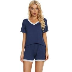 This loungewear pajamas stes for women is constructed of solid color, v-neck, pants with elastic waist and pockets, make it convenient to take on/off,  keep you pretty and comfortable all day. Featuring stretchy fabric design, soft and comfortable make you feel cozy all night, enjoy a comfortable sleep and sweet dream.No matter the cozy bedtime, casual home relax, laze afternoon, comfy bath, the soft and lightweight women's sleepwear could company with you all the time.This chic lounge sets is p Blue V-neck Sleep Set, Blue V-neck Sleepwear Set, Cotton Pajama Shorts For Pajama Party, Blue V-neck Pajama Party Sets, Casual Solid Pajama Shorts For Sleepover, Blue Short Set For Loungewear, Blue Short Sleepwear For Lounging, Blue Lounge Short Set, Blue V-neck Sleepwear For Lounging