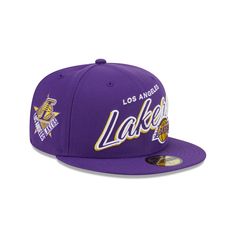 The Los Angeles Lakers Script Sided 59FIFTY Fitted Cap features an embroidered Lakers script and logo at the front panels with a matching NBA Logoman at the rear. Additional details include a logo patch at the right-wear side and a gray undervisor. College Snapback Hat With Embroidered Logo And Curved Bill, Curved Brim Snapback Hat With Embroidered Logo For College, Throwback College Cap, Collegiate Trucker Hat With Embroidered Logo And Flat Brim, Fitted Hat With Team Logo For Sports Events, College Trucker Hat With Embroidered Logo, College Trucker Cap With Embroidered Logo, Baseball Season Snapback Hat With Embroidered Logo, Collegiate Snapback Fitted Hat For Fans