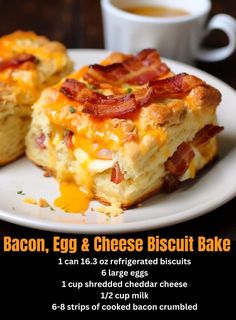 bacon, egg and cheese biscuit bake on a white plate next to a cup of coffee