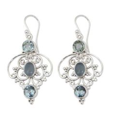 Artisan Crafted Blue Topaz Dangle Earrings with Chalcedony - Blue Arabesque | NOVICA Champagne Earrings, Blue Drop Earrings, Chalcedony Earrings, Retro Earring, Alloy Earrings, Classic Earrings, Moonstone Earrings, Exclusive Jewelry, Trendy Earrings