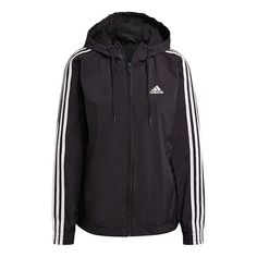 (WMNS) adidas 3-Stripes Hooded Windbreaker Jacket 'Black White' GR9602 Adidas Nylon Activewear, Adidas Activewear Sportswear, Sporty Moisture-wicking Nylon Hooded Jacket, Casual Hooded Activewear With Adidas Logo, Black Waterproof Track Jacket For Sports, Adidas Hooded Activewear For Streetwear, Adidas Sporty Track Jacket With Logo, Sporty Adidas Windbreaker For Winter, Sporty Waterproof Hooded Track Jacket