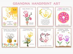 six handprint art cards with flowers and hearts