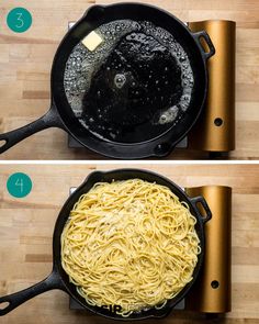 two pictures showing how to cook pasta in a skillet with the same amount of oil