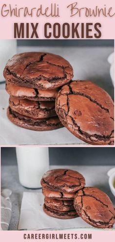 chocolate cookies are stacked on top of each other with the words ghirraduli brownie mix cookies