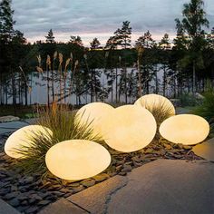 an outdoor area with several circular lights on the ground and grass in the foreground