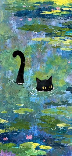 a painting of a cat swimming in the water with another cat looking at it's reflection