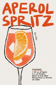 Illustrated Cocktail Recipe, Cocktail Poster Vintage, Retro Cocktail Illustration, Cocktail Painting Easy, Retro Cocktail Poster, Vintage Drink Poster, Retro Illustration Poster, Aperol Spritz Print, Aperol Spritz Drawing