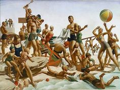 a painting of people on the beach playing with a ball